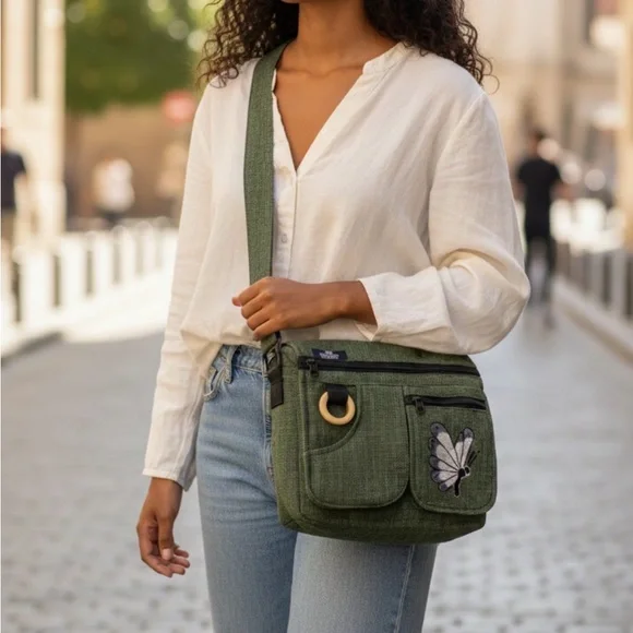 Elegant Green Crossbody Bag with Butterfly Embroidery, Handmade Ethical Bag - Picture 1 of 15